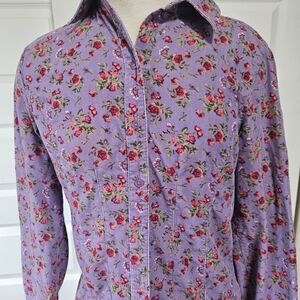 Vintage Eddie Bauer Floral Corduroy Button Up Shirt Purple Small Cottagecore